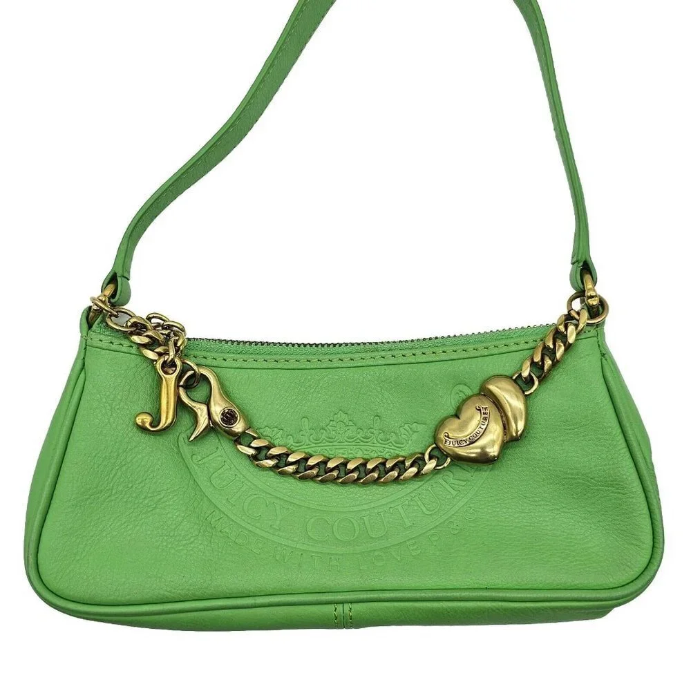 Vintage Y2K Juicy Couture Baguette Shoulder Bag Green Leather Mini Crown Charm - Picture 3 of 16